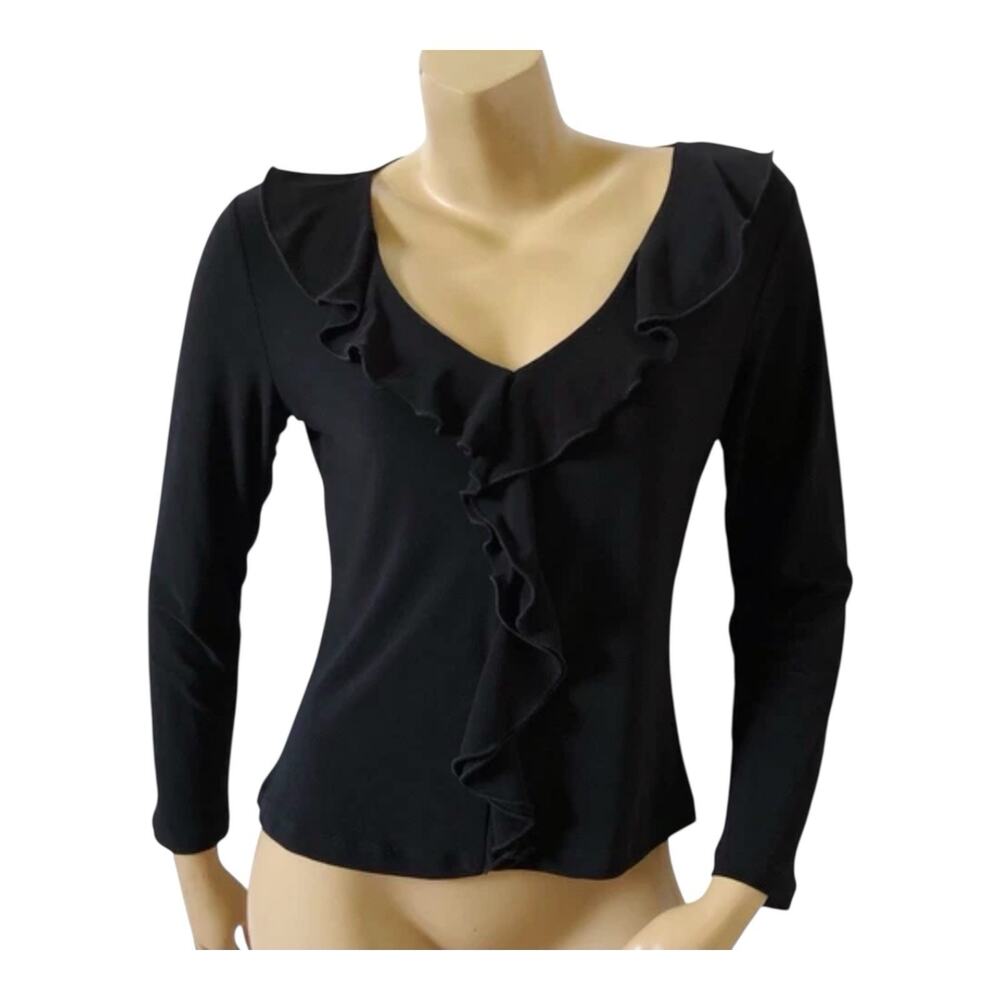 JTB Womens Petite Size PL Black Long Sleeve V Neck Ruffled Stretch Shirt Top
